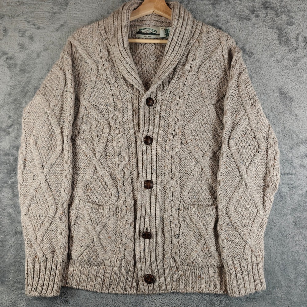 Aran Crafts Cardigan Sweater Mens S Beige Merino Wool Shawl Collar Cable Knit